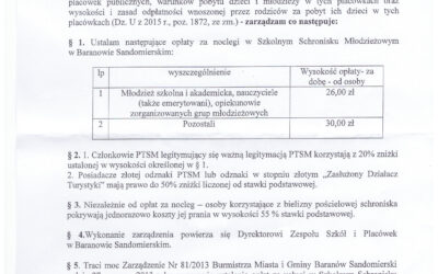 Zarządzenie burmistrza miasta i gminy Baranów Sandomierski w sprawie opłat za usługi w Szkolnym Schronisku Młodzieżowym w Baranowie Sandomierskim.